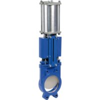 Vanne guillotine avec actionneur pneumatique double effet – tige montante, corps fonte, pelle inox 304 Vanne guillotine avec actionneur pneumatique double effet – tige montante, corps fonte, pelle inox 304