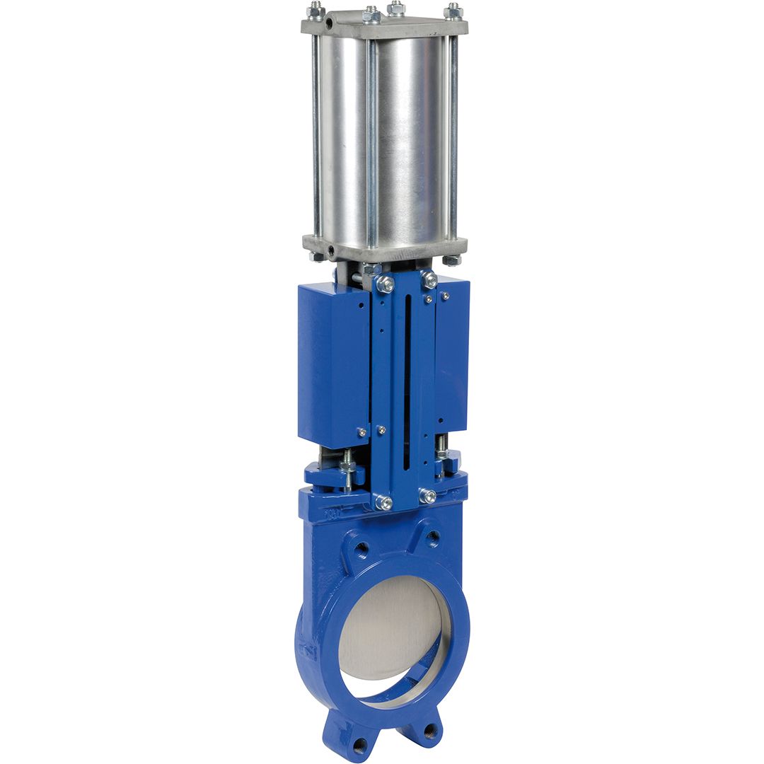 Vanne guillotine avec actionneur pneumatique double effet – tige montante, corps fonte, pelle inox 304